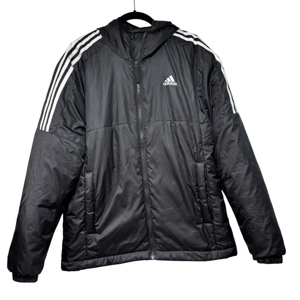 Adidas Mens Black Puffer Jacket Three Stripe Hooded Full Zip Insulated Coat